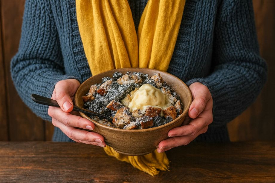 chlebový pudink s mákem a vanilkovým krémem
